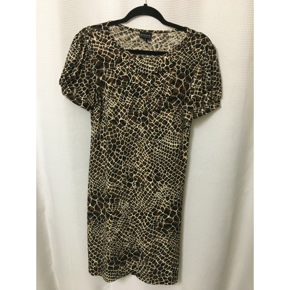 En Focus Studio Dress Size 8 Brown Black Beige Animal Print Top Pleated DR3